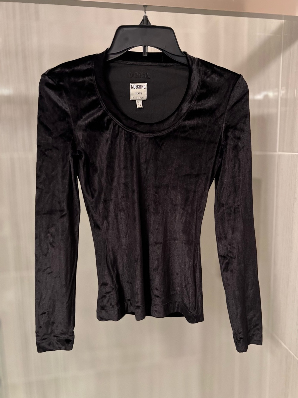 Vintage Moschino Jeans Black Crushed Velvet Scoop Neck Long Sleeve Top